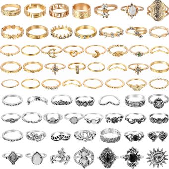 PANTIDE 67Pcs Vintage Knuckle Rings Set Stackable Finger Rings Midi Rings for Women Bohemian Hollow Carved Flowers Gold&Silver Rings Crystal Joint Rings with Storage Bag