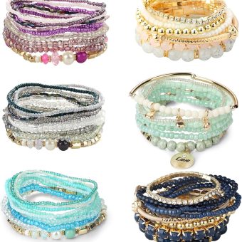 LOYALLOOK 6 Sets Bohemian Stackable Bead Bracelets for Women Stretch Bohemian Style Stretch Multilayered Boho Bracelet Set