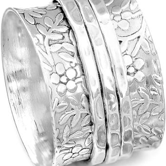 925 Sterling Silver Flowers Spinner Ring for Women Chunky Fidget Anxiety Relief Spinning Ring Textured Band Jewelry Gift