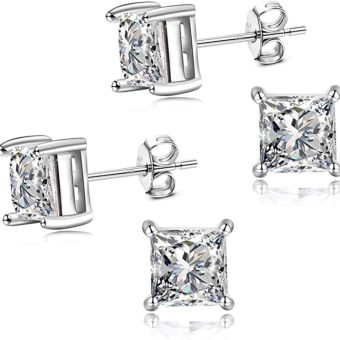 Adabele Authentic Sterling Silver Hypoallergenic 3mm-8mm Cubic Zirconia Diamond Gemstone Princess Cut Stud Earrings Nickel Free Tarnish Resistant...