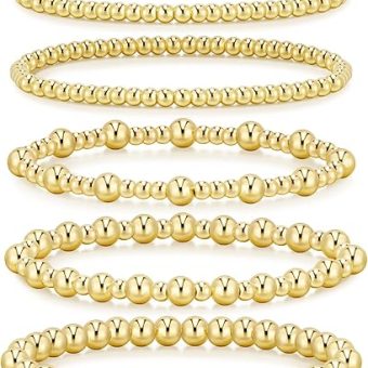 adoyi Gold Bracelets for Women, 14K Gold Plated Beaded Bracelets Gold Stretch Bead Ball Bracelet stack Set Adjustable Bracelet Set Jewelry for Gifts