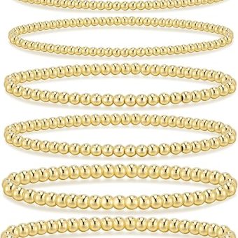 adoyi Gold Bracelets for Women, 14K Gold Plated Beaded Bracelets Gold Stretch Bead Ball Bracelet stack Set Adjustable Gold Jewelry for Women