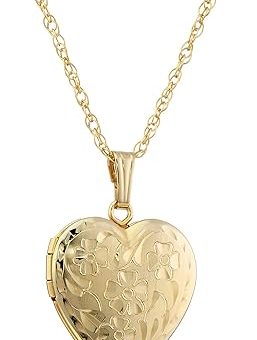 Amazon Essentials 14k Engraved Flowers Heart Locket Necklace, 18" (previously Amazon Collection)