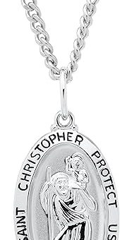 Amazon Essentials Oval Saint Christopher Medal Necklace with Rhodium Plated Stainless Steel Chain, 20", (previously Amazon Collection)