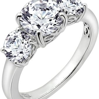 Amazon Essentials Platinum or Gold Plated Sterling Silver Round 3-Stone Ring made with Infinite Elements Cubic Zirconia (previously Amazon Collection)