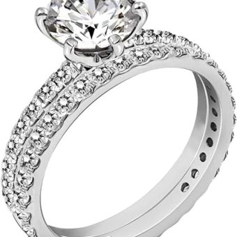 Amazon Essentials Platinum or Gold Plated Sterling Silver Wedding Set Rings set with Round Cut Infinite Elements Cubic Zirconia (previously Amazon...