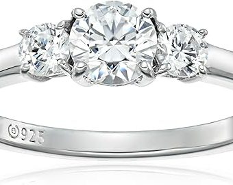 Amazon Essentials Platinum-Plated Sterling Silver Round 3-Stone Ring made with Infinite Elements Cubic Zirconia (1 cttw), Size 9, (previously...