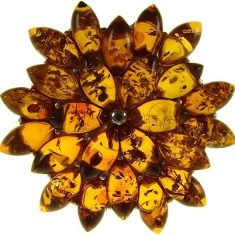 BALTIC AMBER AND STERLING SILVER 925 DESIGNER COGNAC FLOWER LEAF BROOCH PIN JEWELLERY JEWELRY