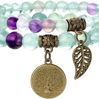 Bivei Natural Semi Precious Gemstone beads bracelet for women - Life Tree and Leaf Charm Energy Reiki Crystal Stretch Bracelets