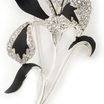 Black/Silver Tone Clear Diamante 'Calla Lily' Brooch - 75mm Length