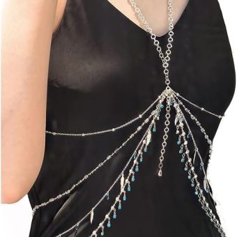 Body Chain for Women, body jewelry .Pearl and Blue Crystal Beads, Waist Chain, Rave Outfit Accessory 3 in one