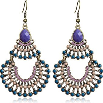 Bohemian Vintage Carved Alloy Pendant Dangle Drop Earrings Exaggerated Hollow Colored Rhinestone Pendant Dangle Drop Earrings for Women Girls...