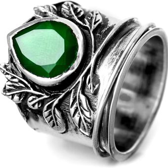 Boho-Magic Green Onyx Leaves Spinner Fidget Ring for Women 925 Sterling Silver Wide Band