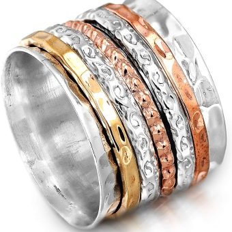 Boho-Magic Spinner Ring for Women 925 Sterling Silver with Copper and Brass Fidget Bands Wide