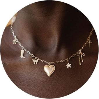 Charm Necklace-14K Gold Plated Charm Necklace Bow Cross Butterfly Cat Heart Cherry Poker Boots Christmas Necklaces for Women Dainty Simple Jewelry...