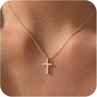 CHESKY Diamond Cross Necklace for Women- Dainty 14K Gold Plated/Silver Cubic Zirconia Cross Pendant Necklaces Simple Rotated Crown Cross Necklace...