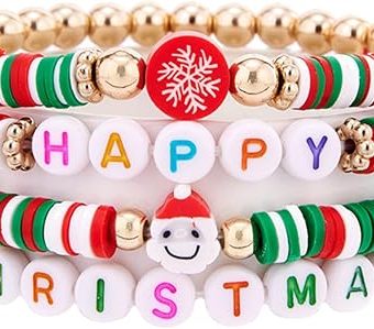 Christmas Bead Bracelet, Colorful Preppy Heishi Surfer Bracelets Set for Women Stackable Clay Beads Stretch Bracelet Xmas Party Decor Festive...