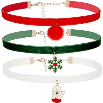 Christmas Choker Necklace Set Winter Snowflake Glove Puffy Ball Pendant Necklace Green Red Velvet Collar Necklace for Women Winter Holiday Jewelry...