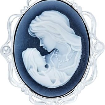 Classic Antique Vintage Style Blue Black White Carved Oval Simple Framed Victorian Lady Portrait Mother and Child Cameo Pendant Necklace For Women...