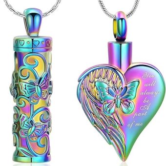 constantlife 2 Pieces Cremation Jewelry for Ashes Butterfly Cylinder Memorial Pendant Stainless Steel Butterfly Heart Shape Urn Necklace Charm...