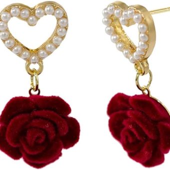 Dainty Hollow Heart Pearl Stud Red Velvet Rose Flower Statement Dangle Drop Earrings for Women Vintage Floral Dangling Lightweight Hypoallergenic...