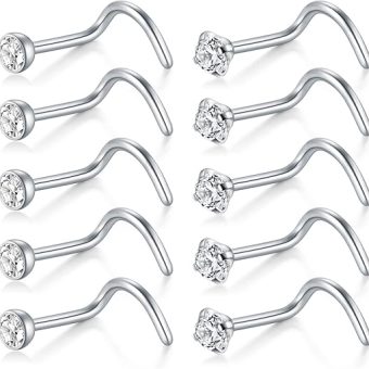 D.Bella Nose Rings 10Pcs 18G Nose Screw Rings Studs Surgical Steel Piercing Jewelry 2mm Clear CZ Silver