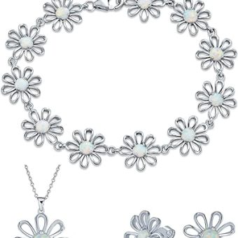 Delicate Floral Flower Created White Opal Multi Charm Link Daisy Bracelet Anklet Bundle with Necklace and Earrings For Women Teens .925 Silver...