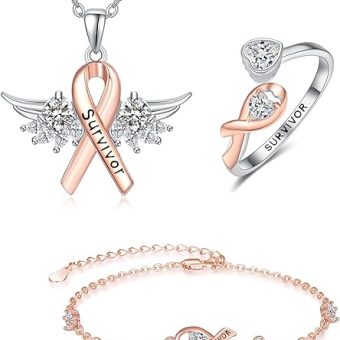 Dreamboat Pink Breast Cancer Jewelry Set for Woman Awareness Sterling Silver Hypoallergenic Rose Gold Pink Ribbon Breast Cancer Survivor Gifts Jewelry