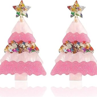 Dreuyet Christmas Tree Earrings for Women Creative Red Green Xmas Tree Drop Dangle Earrings Christmas Party Jewelry Holiday Accessory