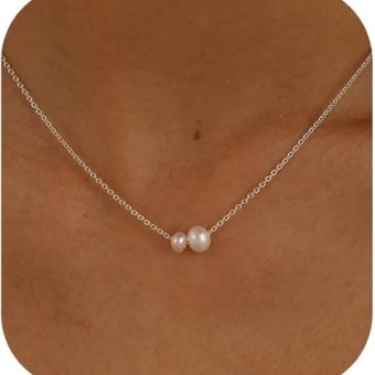 Ewrkbr Pearl Necklaces for Women, Charm Gold Necklace 14K Gold Plated Dainty CZ Pearl Choker Necklace Simple Gold Pearl Necklaces for Women Trendy...