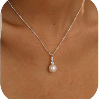 Ewrkbr Pearl Necklaces for Women, Charm Gold Necklace 14K Gold Plated Dainty CZ Pearl Choker Necklace Simple Gold Pearl Necklaces for Women Trendy...