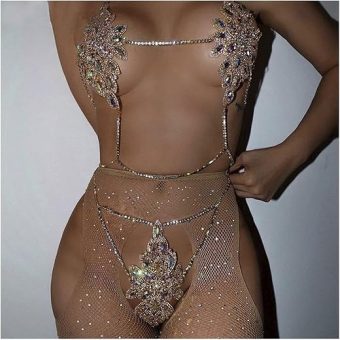 Fashion Sexy Luxury Jewelry Underwear Crystal Body Chain for Women Heart Sexy Bra and Thong Set Bikini Beach Jewellery Gift for Lover (Color :...