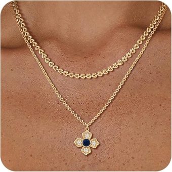 Fettero Layered Gold Necklaces for Women Stackable Dainty 14K Gold Plated Trendy CZ Pendant Necklace Cute Charm Floral Pendant Petal Clover Choker...