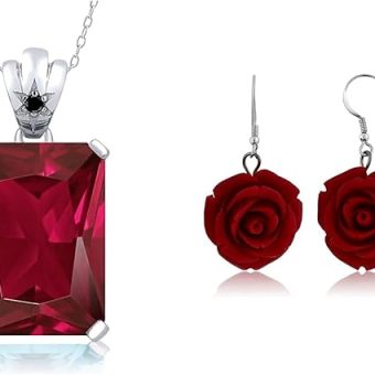 Gem Stone King 20MM 925 Sterling Silver Red Simulated Coral Carved Rose Flower Earrings and 925 Sterling Silver Red Created Ruby and Black Diamond...