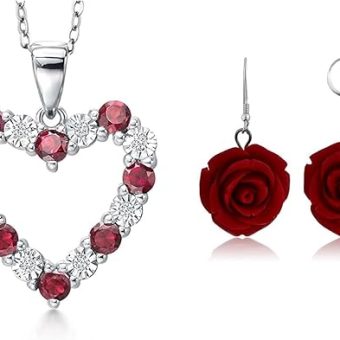 Gem Stone King 20MM Red Simulated Coral Carved Rose Flower Earrings and Red Garnet and White Diamond Heart Shape Pendant Necklace Set in 925...