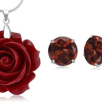 Gem Stone King 35mm Red Simulated Coral Carved Rose Flower Pendant and 14K White Gold 8mm Round Garnet Stud Earrings Set | Gold Earrings | With 16...