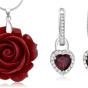 Gem Stone King 35mm Red Simulated Coral Carved Rose Flower Pendant and 925 Sterling Silver Heart Rhodolite Garnet Earrings Set | With 16 Inch + 2...