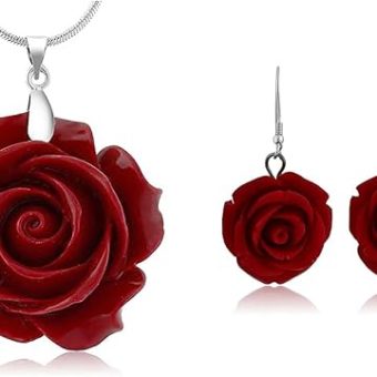 Gem Stone King 35MM Red Simulated Coral Carved Rose Flower Pendant and 925 Sterling Silver 20MM Rose Flower Earrings Set | with 16 Inch + 2 Inch...