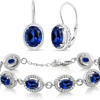 Gem Stone King Blue Created Sapphire Dangle Earrings and Tennis Bracelet Set in 925 Sterling Silver | Halo Bracelet For Women | Silver Earrings |...