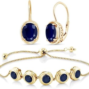 Gem Stone King Blue Sapphire Tennis Bracelet and Dangle Earrings Set in 18K Yellow Gold Plated Silver | Adjustable up to 9 inch | Gold Earrings for...