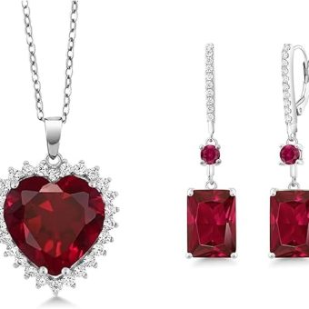 Gem Stone King Red Created Ruby Dangle Earrings and Heart Necklace Set in 925 Sterling Silver | with Complimentary 18 Inch Silver Chain | Gemstone...