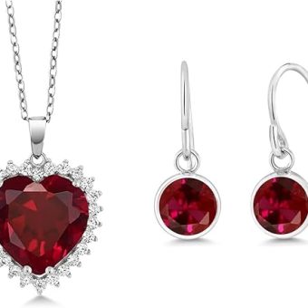 Gem Stone King Red Created Ruby Dangle Hook Earrings and Heart Necklace Set in 925 Sterling Silver | with Complimentary 18 Inch Silver Chain |...