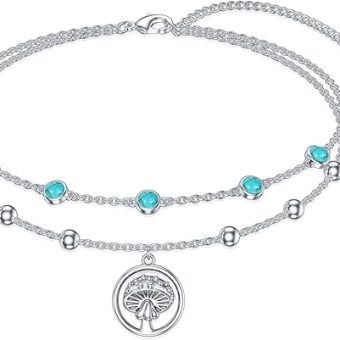 Genuine Turquoise Anklet with mushroom, Sterling Silver Summer Beach Dainty Bohemia Nature Gemstone Jewelry for Women, 9+2''