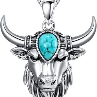 Genuine Turquoise Bull Pendant Necklace, Sterling Silver Boho Native American Vintage Necklace Western Jewelry for Women Men