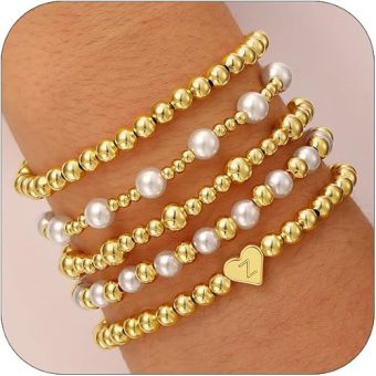 Gold Beaded and Pearl Bracelets for Women, 18K Gold Plated Heart Initial A-Z Stretch Bead Ball Stackable 5PCS Bracelet, Trendy Jewelry Set Gifts