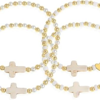 Gold Beaded Pearl Cross Stack Friendship Bracelets Set for Women, 4Pcs Boho Trendy Handmade White Beads Elastic Stretch Stackable Bracelet Prom...