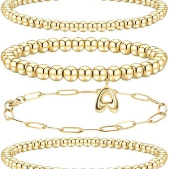 Gold Bracelets Stack Beaded for Women: Dainty 14k Gold Bracelets for Women Non Tarnish Stackable - Initial Bracelet Set for Women Small Wrist...