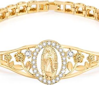 Gold Catholic Bracelet for Women-14k Gold Plated Bracelet,Hypoallergenic Non Tarnish Trendy Jewelry,Dainty Stainless Steel Cubic Zirconia Religious...