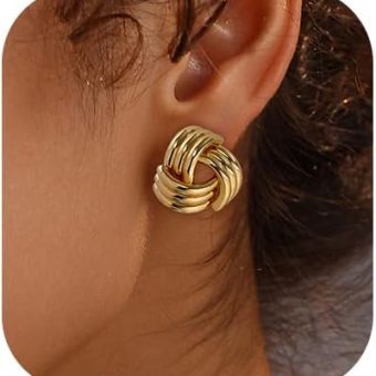 Gold Earrings for Women Big Vintage Earring Chunky Gold Earring Gold Statement Stud Earrings Round Rope Disc Stud Earrings Fashion Button Jewelry...