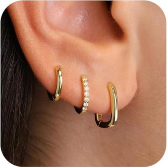 Gold Hoop Earrings Set for Women, 14K Gold Plated Small Double Hoop Earrings Set for Multiple Piercing, Dainty Huggie Earrings for Women